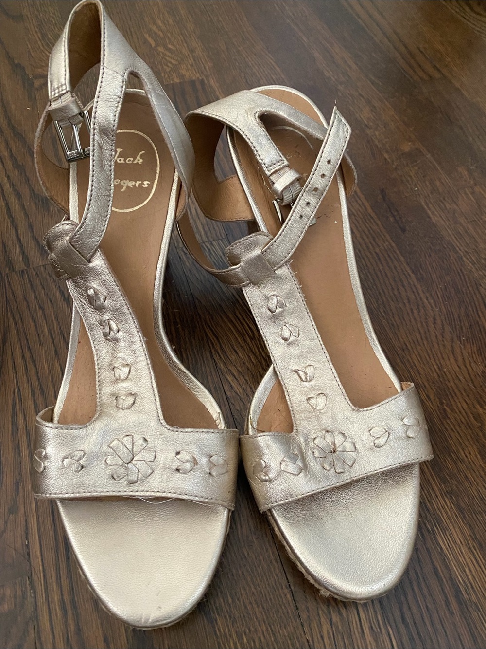 Jack Rogers Women's Metallic Gold T-Strap Wedges